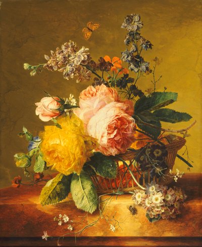 Rosor och andra blommor i en korg på en marmoravsats, c.1742 av Jan van Huysum