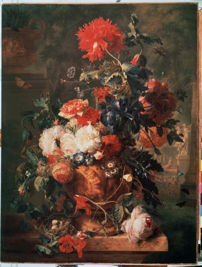 ""Bukett med blommor"" (Blommor) Även representerat är ett bo med ägg och insekter (inklusive fjäril, fluga, myra och nyckelpiga) Målning av Jan van Huysums (1682-1749) 1722 Eremitagemuseet Sankt Petersburg av Jan van Huysums