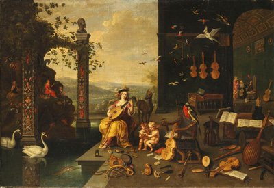 En personifiering av musik: En ung kvinna som spelar en lut på en terrass inför ett öppet galleri av Jan van Kessel