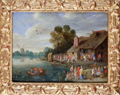 Ett flodlandskap med herrar på ett Village Inn av Jan van Kessel
