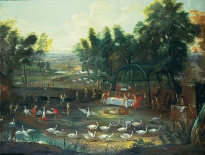 Ett festligt champetre av rävar och svanar av Jan van Kessel