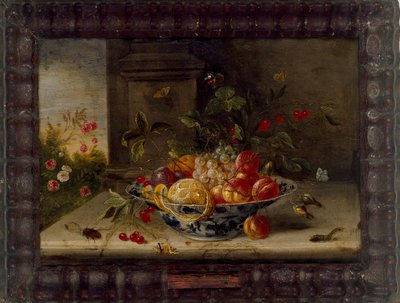 Dekorativ stillebenskomposition med porslinsskål, frukt och insekter, mitten av 1600-talet av Jan van Kessel