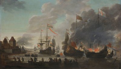 De holländska brinnande engelska fartygen under den holländska raiden på Medway, 20 juni 1667 av Jan van Leyden