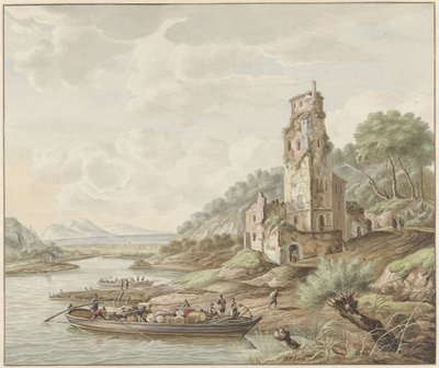 Landskap med pråm med varor nära ett slott av Jan van Lockhorst