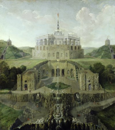 View from the Riesenkopf Waterfalls over the Distorted Water-grotto to the Octagon, after 1716  av Jan van Nickelen