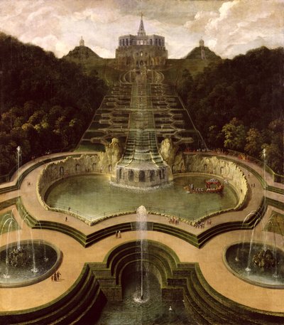 View of the Octagon over the Waterfalls and the Pools of Neptune, after 1716  av Jan van Nickelen
