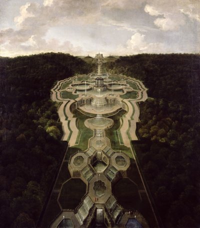 View over the Great Plaza with Temple at the Beginning of the Second Third of the Waterfalls to the Octagon, after 1716  av Jan van Nickelen
