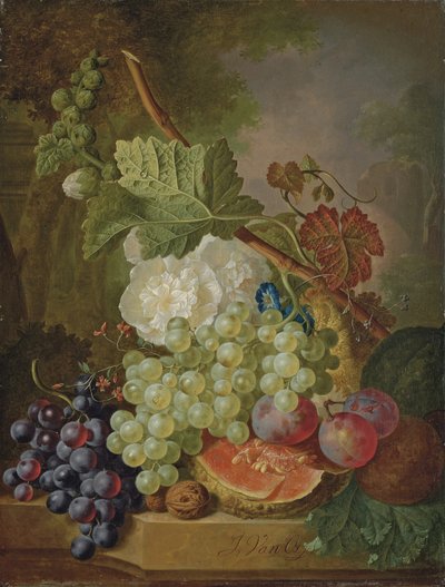 Blommor, vindruvor, plommon, valnötter och en melon på en stenavsats av Jan van Os
