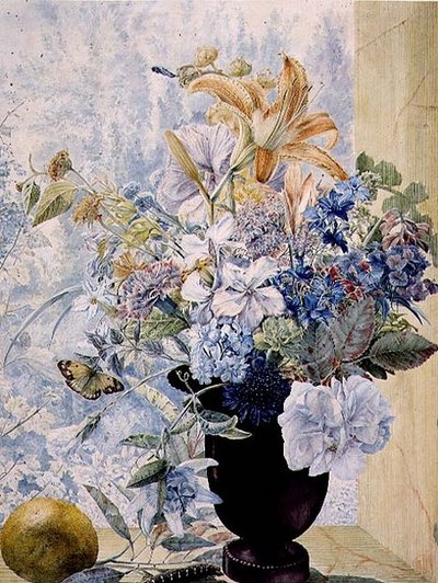 PD.849-1973 Vas med blandade blommor i ett fönster (gouache & akvarell) av Jan van Os