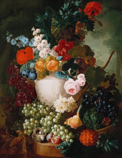 Rosor, vallmo och andra blommor i en skulpterad vas med frukt, en mus och ett fågelbo på en stenkant av Jan van Os