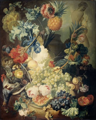 Stilleben med blommor, frukt och fåglar av Jan van Os