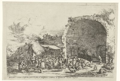 Festligheter vid ruinerna av grottan av nymfen Egeria Prospetto e veduto a Cafarelle fuoro di porte S. Sebastiano, en romer (titel på objektet) av Jan van Ossenbeeck