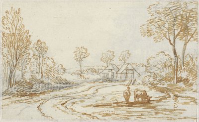 Landskap med herdar och boskap, med två hus i bakgrunden av Jan van Ravenswaay