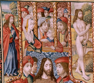 flamländsk gobeläng. Serieavsnitt från The Life of the Virgin. Profetiorna uppfylls vid Kristi födelse (Profetiornas uppfyllelse vid Guds Sons födelse). Första gobelängen i serien. Modeller tillskrivna Jan von Roome (eller van B av Jan van Roome