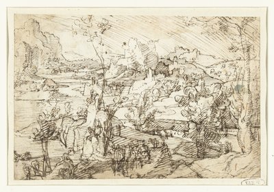 Landskap med stenar, figurer och ett segelfartyg av Jan van Scorel (attributed to)