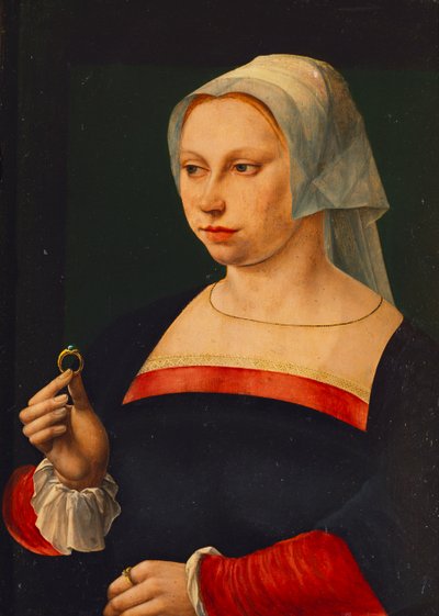 Porträtt av en dam som håller en ring av Jan van Scorel