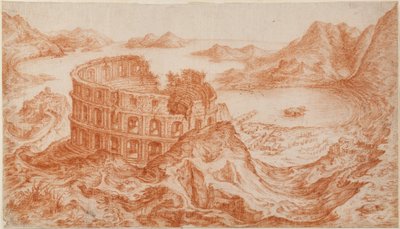 Utsikt över den romerska amfiteatern vid Pozzuoli med Neapelbukten bortom (röd krita på papper) av Jan van Stinemolen