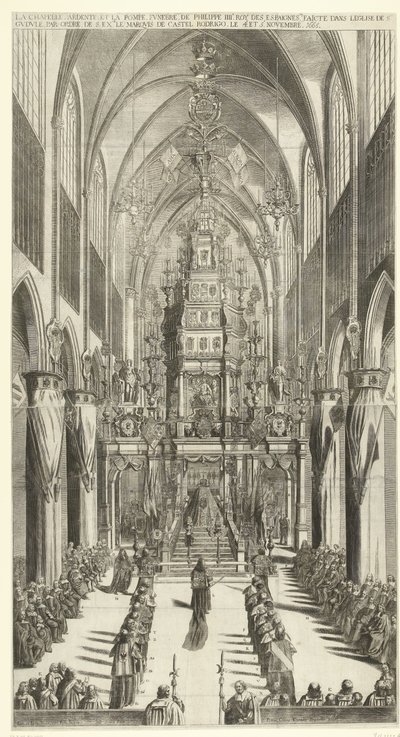 Lijkdienst voor Filips IV te Bryssel, 1665 Det brinnande kapellet och begravningsprocessionen av Philippe IIIe roy des Espaignes gjord i kyrkan Ste. Gudule i ordning av s. överskott. markisen av Castel Rodrigo den 4 och 5 november 1665 (titel på objektet) av Jan van Troyen