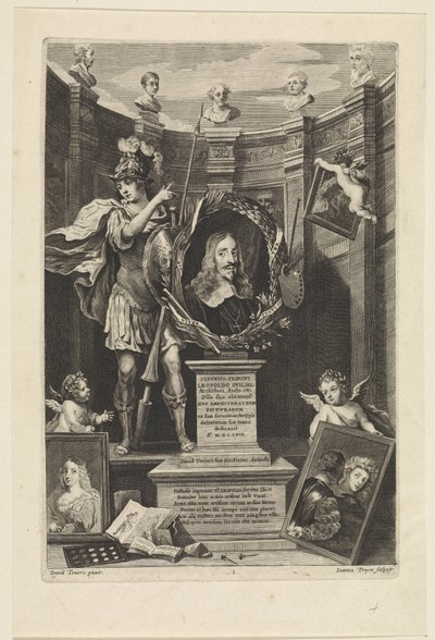 Porträtt av ärkehertig Leopold William av Österrike som konstsamlare Theatrum Pictorium (serietitel) Titelsida för: David Teniers, Theatrum Pictorium, 1658 av Jan van Troyen
