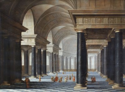 Interiören i en kyrka med pelare i svart marmor och figurer i antik klädsel av Jan van Vucht