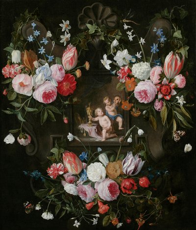Ett kartuschstilleben av blommor runt en allegorisk bild av Putti med kostsamma föremål och en mask, 1648 av Jan van and Balen, Hendrik van Kessel