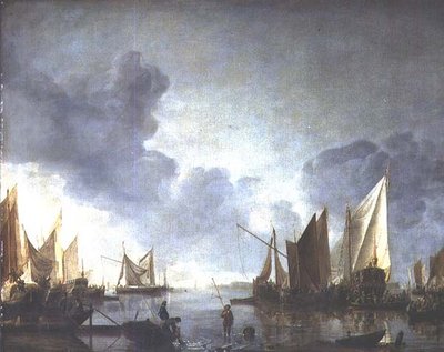 Ett lugn, med en dignitär förebådad i en statlig pråm och fiskare i förgrunden av Jan van de Capelle or Cappelle