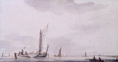 Fiskare och segelbåtar på en mynning i ett lugn (penna, bläck och tvätt) av Jan van de Capelle or Cappelle