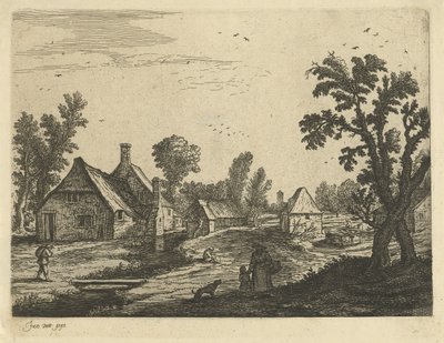 Byutsikt med kvinna och barn på bygatan av Jan van de Cappelle (attributed to)