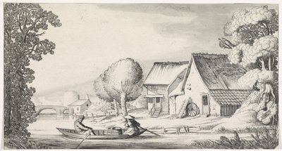 Bonde och bondhustru i en roddbåt Playsante-landskap och underhållande sevärdheter (serietitel) av Jan van de Velde (II)