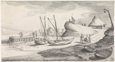 Båtar på en flodstrand Playsante landskap och roliga ansikten (serietitel) av Jan van de Velde (II)