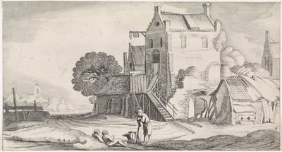 Tre konvergerande figurer på ett värdshus Lekfulla landskap och underhållande ansikten (serietitel) av Jan van de Velde (II)