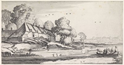 Ankajakt på en flod nära en gård Playsante landskap och roliga ansikten (serietitel) av Jan van de Velde (II)