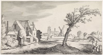 Familj i ett hus med en stad i bakgrunden Playsante landskap och roliga ansikten (serietitel) av Jan van de Velde (II)