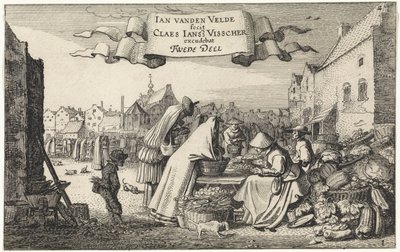 Figurer vid ett grönsaksstånd på en marknad Landskap (serietitel) Amenissimae aliquot requculae (serietitel) av Jan van de Velde (II)