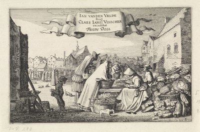 Figurer vid ett grönsaksstånd på en marknad Landskap (serietitel) Amenissimae aliquot requculae (serietitel) av Jan van de Velde (II)