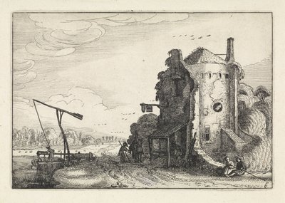 Figurer på ett värdshus i ett runt torn Landskap (serietitel) Amenissimae aliquot requculae (serietitel) av Jan van de Velde (II)