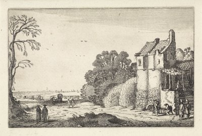 Figurer vid ett hus och täckta vagnar på en landsväg Landskap (serietitel) Amenissimae aliquot requculae (serietitel) av Jan van de Velde (II)