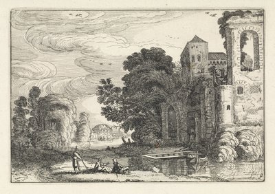 Figurer på ett slott vid en flod Landskap (serietitel) Amenissimae aliquot requculae (serietitel) av Jan van de Velde (II)