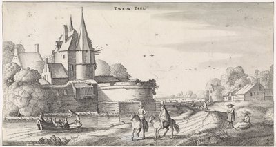 Figurer på ett slott i ett flodlandskap Lekfulla landskap och underhållande ansikten (serietitel) av Jan van de Velde (II)
