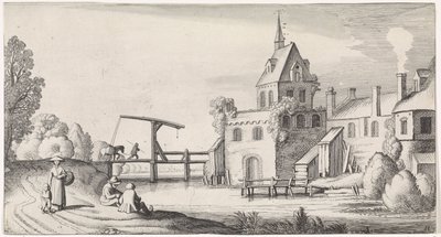 Figurer vid en vindbro för en by med ett kyrktorn Playsante landskap och roliga ansikten (serietitel) av Jan van de Velde (II)