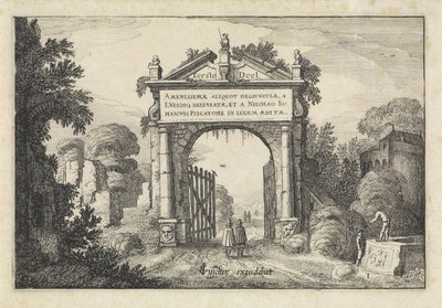 Figurer vid en port i ett landskap Landskap (serietitel) Amenissimae aliquot requculae (serietitel på objekt) av Jan van de Velde (II)
