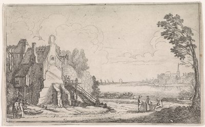 Figurer vid ett fallfärdigt hus vid en flod Flodlandskap (serietitel) av Jan van de Velde (II)
