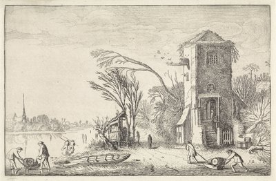 Figurer i ett vinterlandskap med ett torn Landskap (serietitel) Amenissimae aliquot requculae (serietitel) av Jan van de Velde (II)