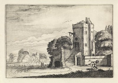 Figurer med en fågelkorg nära ett torn i ett landskap Landskap (serietitel) Amenissimae aliquot requculae (serietitel) av Jan van de Velde (II)