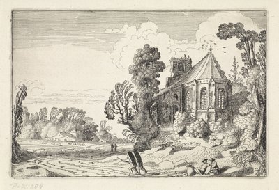 Figurer på en landsväg nära en kyrkoruin Landskap (serietitel) Amenissimae aliquot requculae (serietitel) av Jan van de Velde (II)