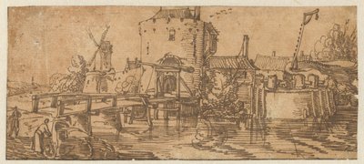 Utsikt över en stad (Culemborg?) med en bro framför en port av Jan van de Velde (II)