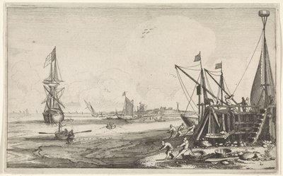 Hamnhuvud med fiskare som drar in sina nät Seascapes (serietitel) av Jan van de Velde (II)