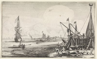 Hamnhuvud med fiskare som drar in sina nät Seascapes (serietitel) av Jan van de Velde (II)