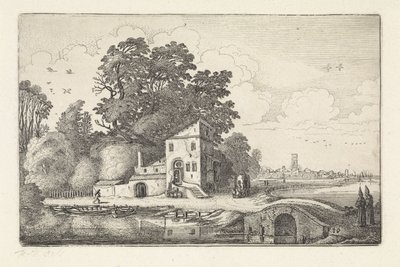 Hus vid en stenbro i ett flodlandskap Landskap (serietitel) Amenissimae aliquot requculae (serietitel) av Jan van de Velde (II)