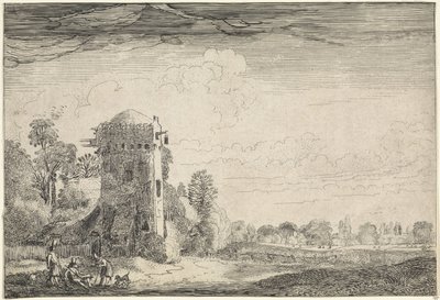 Jägare med hundar vid ett torn i ett landskap Landskap (serietitel) Amenissimae aliquot requculae (serietitel) av Jan van de Velde (II)